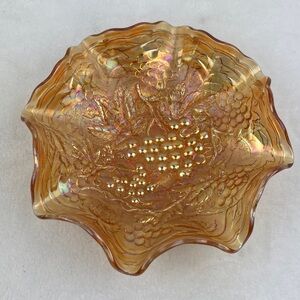 Vintage Iridescent Marigold Carnival Glass Decorative Bowl 8.5” Ruffle Edge